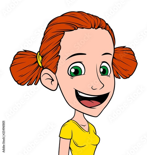 Cartoon redhead funny smiling girl character with pigtails. Isolated on white background. Vector icon avatar.