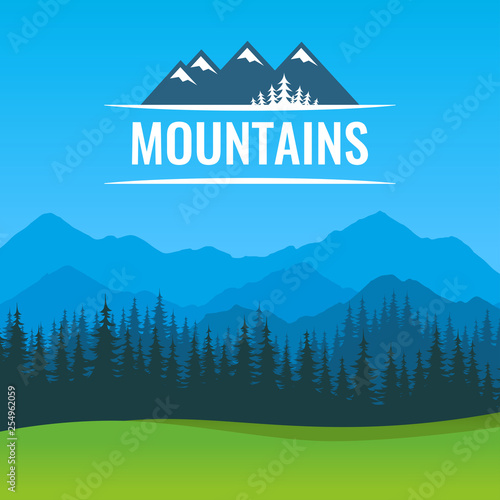 Poster with scenic landscape of Forest and Mountains at sunny day. Vector illustration with Header Badge symbol.