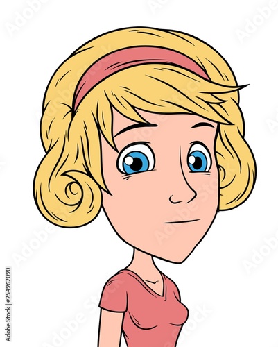 Cartoon blonde funny girl character with pink patch. Isolated on white background. Vector icon avatar.
