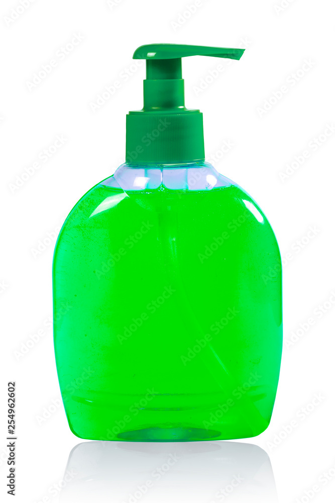 Green liquid soap in plastic pump bottle. Concepts of hygiene Green liquid soap in plastic pump bottle. Concepts of hygiene