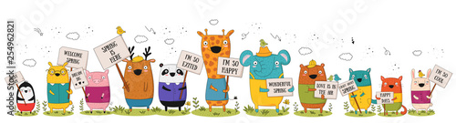 Vector poster with cartoon funny animals with a transparency with the spring slogan