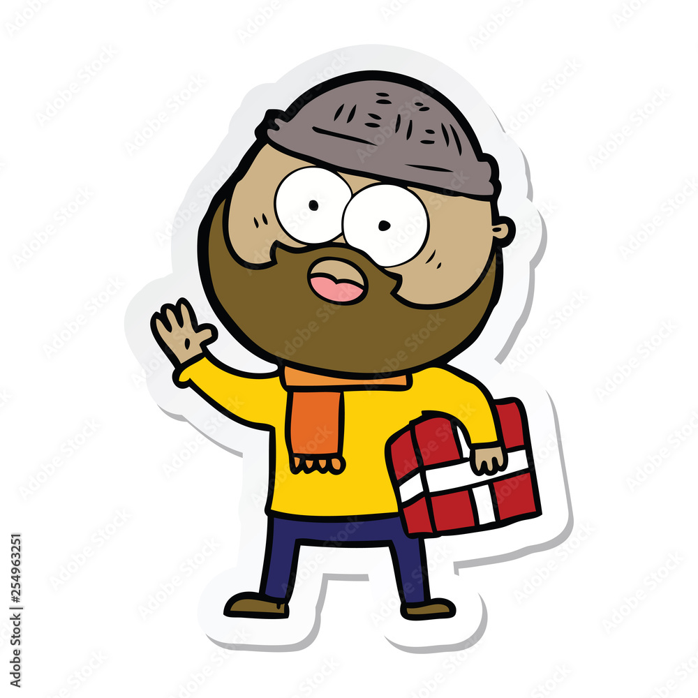 sticker of a cartoon bearded man with present