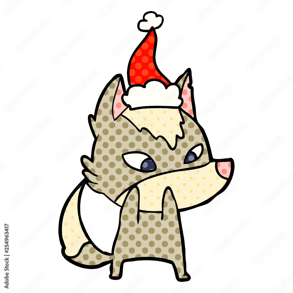 shy comic book style illustration of a wolf wearing santa hat