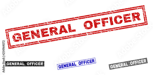 Grunge GENERAL OFFICER rectangle stamp seals isolated on a white background. Rectangular seals with grunge texture in red, blue, black and grey colors.