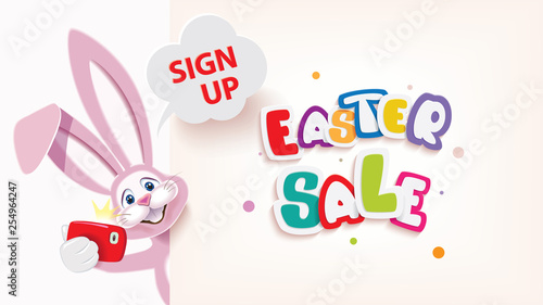 Easter Bunny taking selfie next to textual signboard,Easter sale web banner,vector illustration of online shopping website