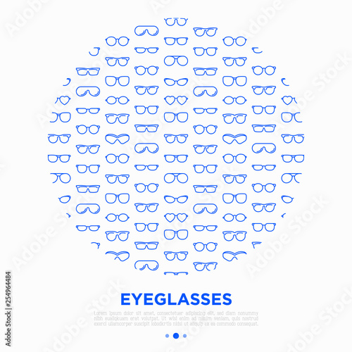 Eyeglasses concept in circle with thin line icons: sunglasses, sport glasses, rectangular, aviator, wayfarer, round, square, cat eye, oval, extravagant, big size, reading. Vector illustration photo