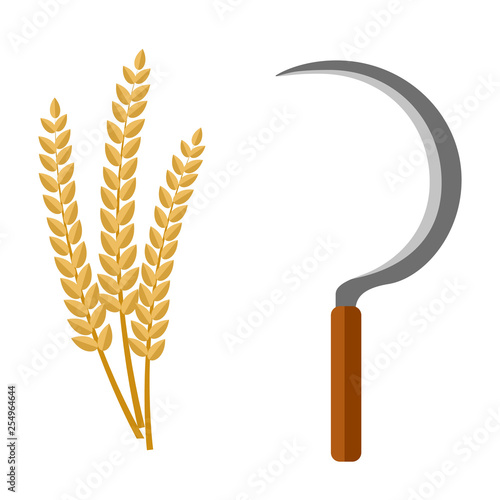 Sickle and rice grain, harvesting tool Flat cartoon vector illustration.