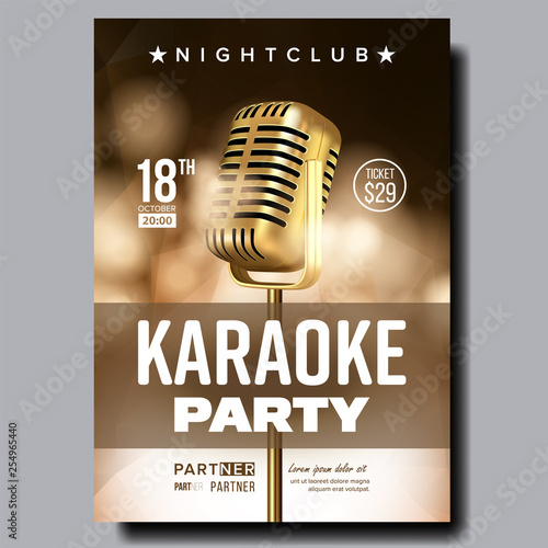 Karaoke Poster Vector. Vintage Karaoke Studio. Musical Record. Broadcast Object. Communication Style. Abstract Template. Rock Fun. Modern Sound. Creative Layout. Audio Element. Realistic Illustration