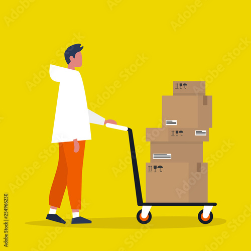 Young male courier rolling a pushcart. Cargo. Delivery service. Flat editable vector illustration, clip art