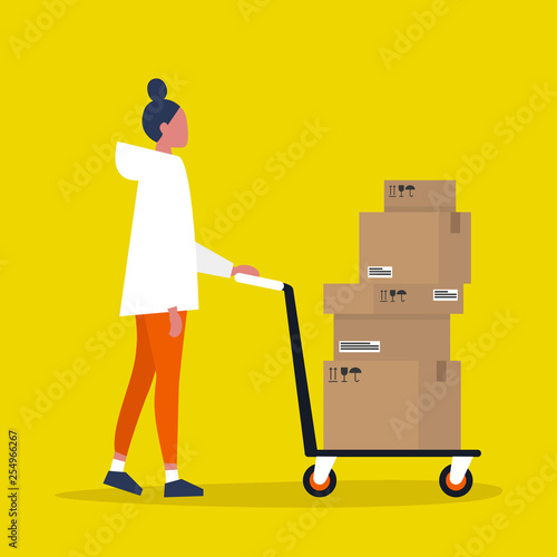 Young female courier rolling a pushcart. Cargo. Delivery service. Flat editable vector illustration, clip art