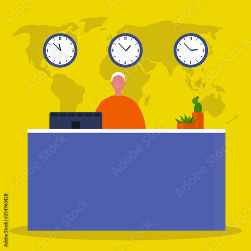 Young male manager standing behind the reception desk. Financial consulting. Hotel lobby. Service. Flat editable vector illustration, clip art