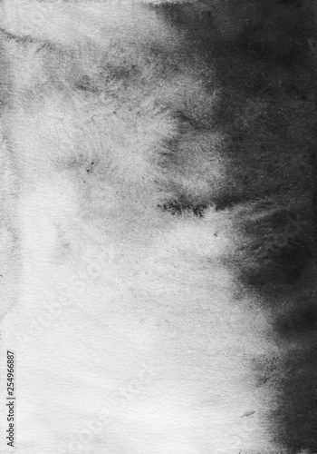 White and black aquarelle paint stains background. Watery ink texture. Watercolor black gradient. Black aquarelle stains on textured paper. Watercolour hand painted backdrop. Gray. Card, overlay.