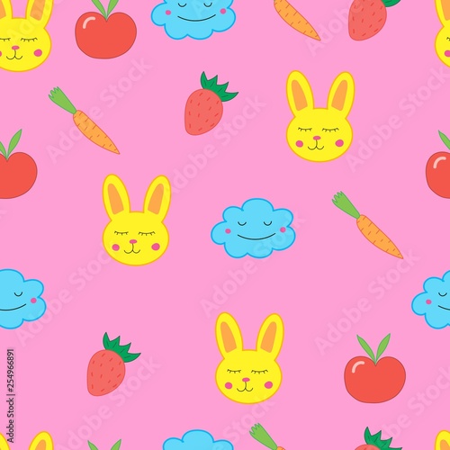 seamless pattern for children with rabbit, strawberry, cloudlet and flowers. Bright pattern on a pink background. Perfect for textiles and packaging.