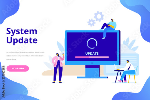 System update vector illustration concept. Desktop computer with update screen. Update process. Install new software, operating system, update support. Characters design 