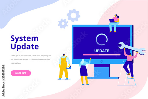 System update vector illustration concept. Desktop computer with update screen. Update process. Install new software, operating system, update support. Characters design 