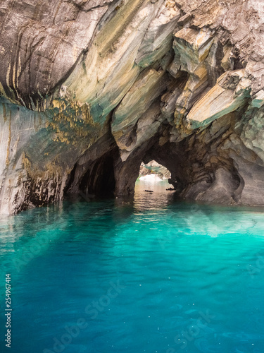 Detail of the marble cathedral in lake General Carrera with blue water, Patagonia of Chile. Carretera Austral