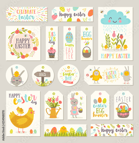 Set of vector Easter gift tags and labels with cute cartoon characters and type design . Easter greetings with bunny, chickens, eggs and flowers.