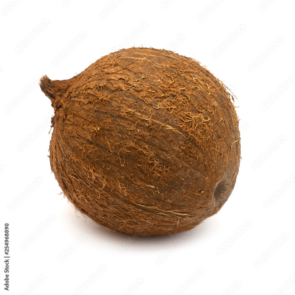 Coconut one whole isolated on white background. Tropical fruit. Flat lay, top view Coconut one whole isolated on white background. Tropical fruit. Flat lay, top view