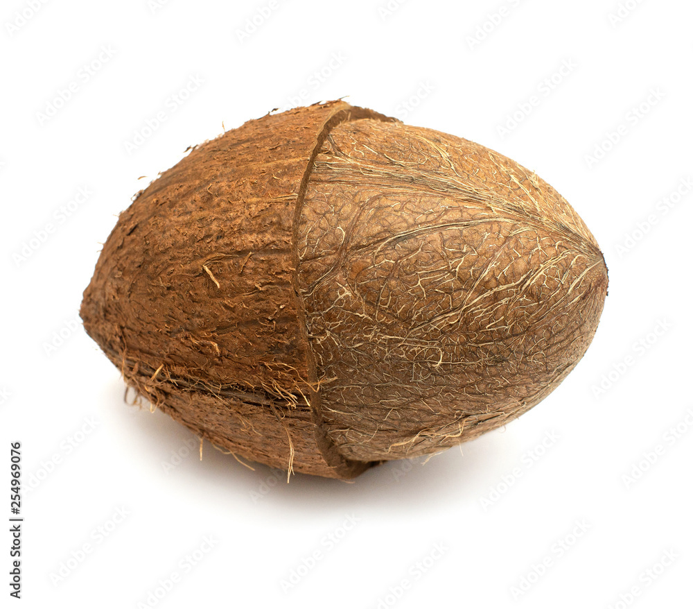 Coconut with and without peel isolated on white background. Tropical fruit. Flat lay, top view Coconut with and without peel isolated on white background. Tropical fruit. Flat lay, top view
