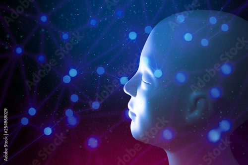human head brain and particle with digital data ai global network technology hologram with light and hand of human with blue and red color glow in sci-fi futuristic concept