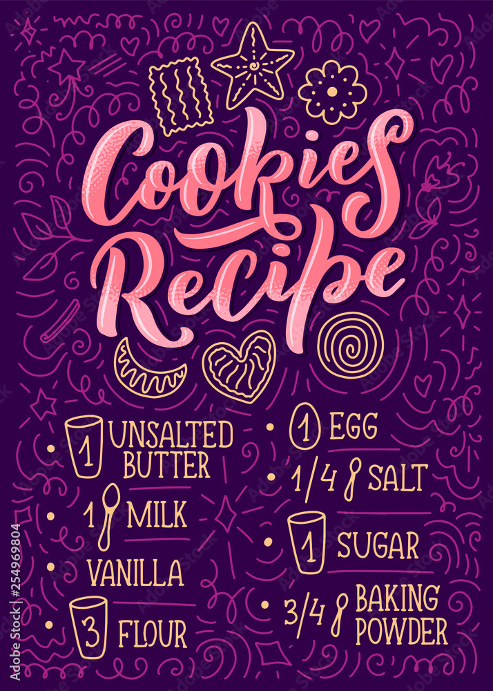 Lettering with cookies recipe. Delicious poster. Concept design. Vector illustration. Funny christmas text. Bakery card. Lettering with cookies recipe. Delicious poster. Concept design. Vector illustration. Funny christmas text. Bakery card.