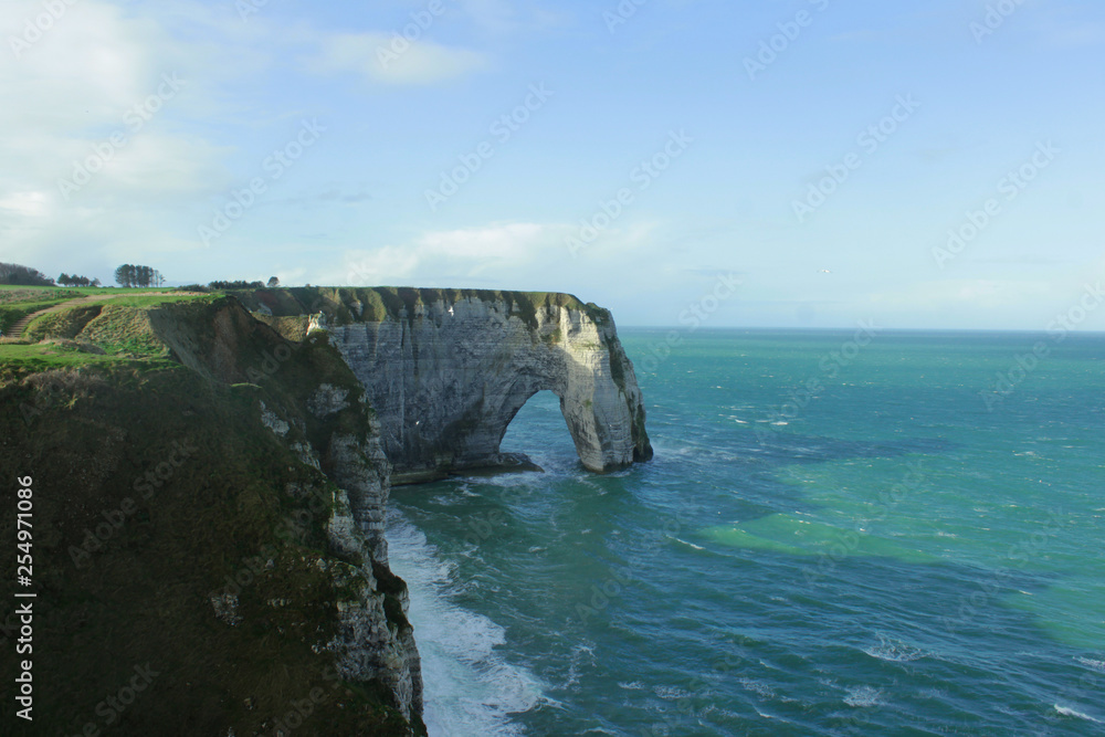 Picturesque panoramic landscape on the cliffs of Etretat. Natural amazing cliffs. Etretat, Normandy, France, La Manche or English Channel. Coast of the Pays de Caux area in sunny summer day 