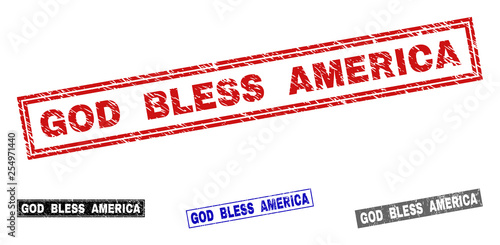 Grunge GOD BLESS AMERICA rectangle stamp seals isolated on a white background. Rectangular seals with grunge texture in red, blue, black and grey colors.