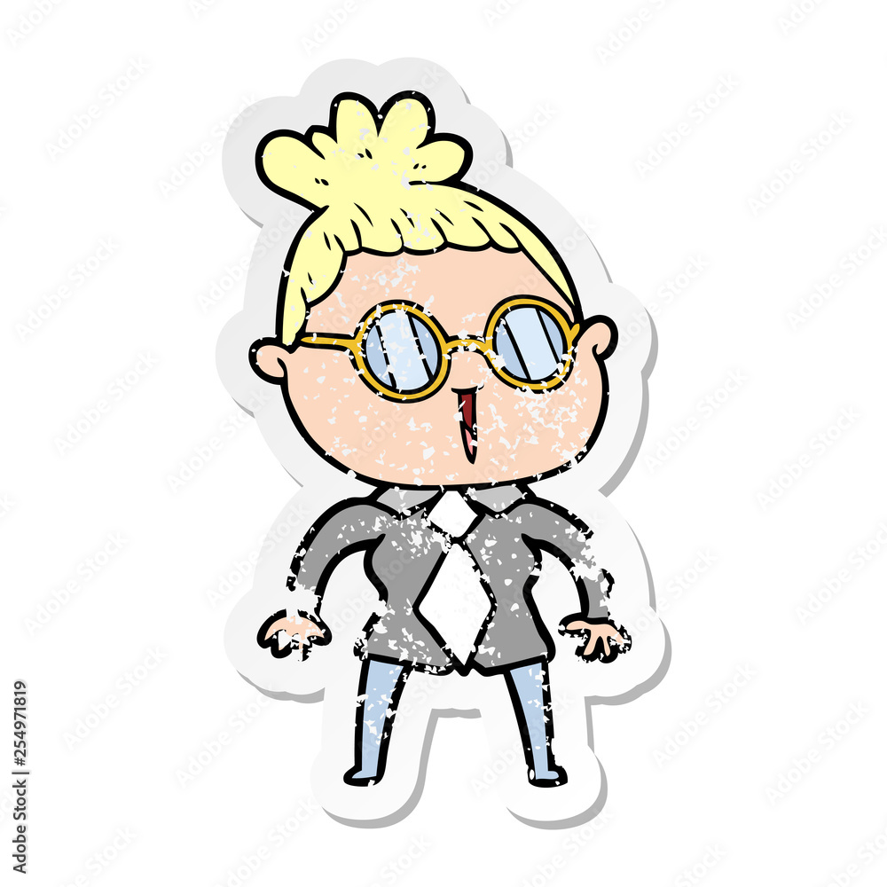 distressed sticker of a cartoon woman wearing spectacles