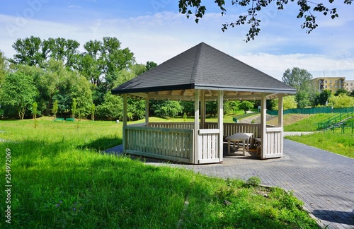 Fotobehang Wooden bower, gazebo in parks  - Relax and unwind - Grilling in the bosom of nat