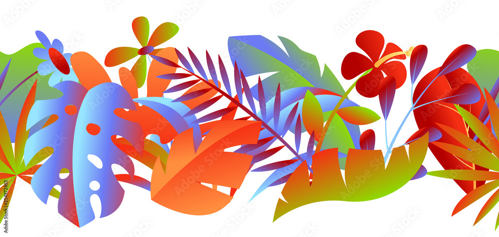 Seamless pattern with tropical leaves and flowers.