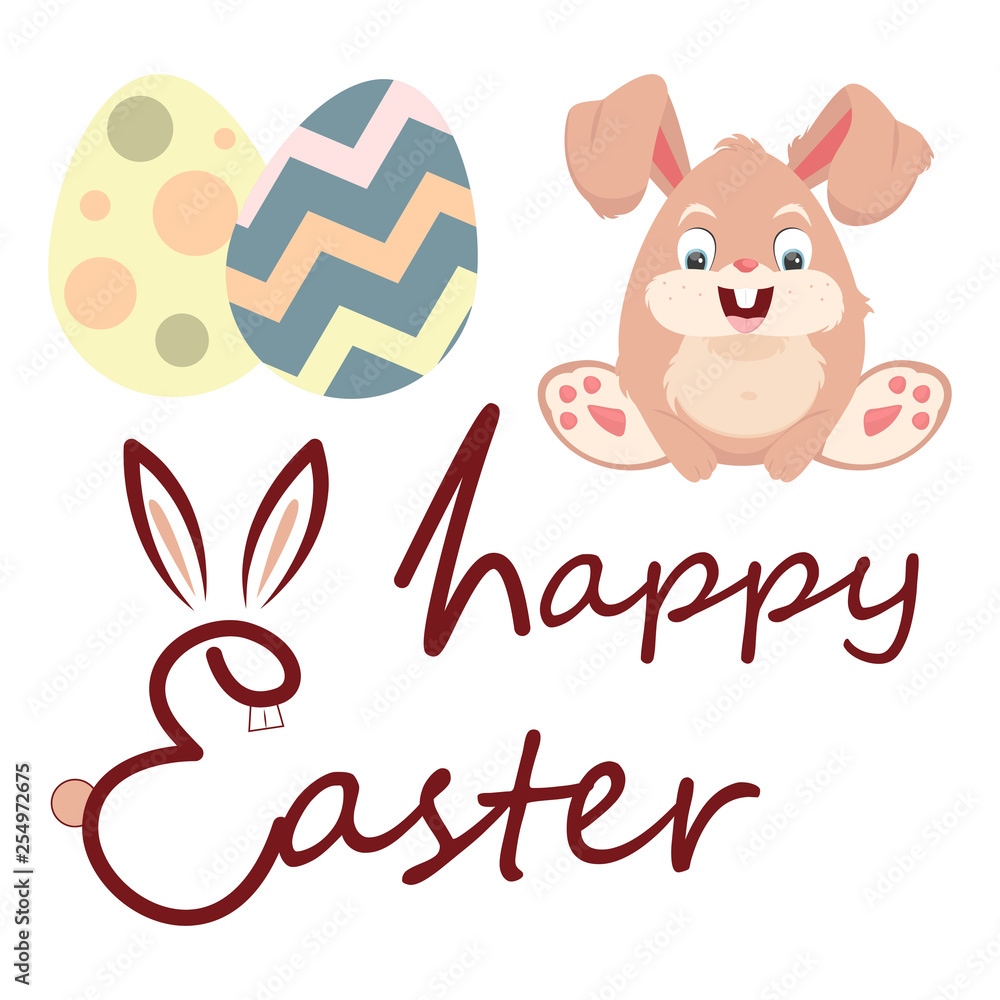 Easter concept. Easter bunny with eggs and the inscription Happy Easter. Funny rabbit in the form of an egg. Vector illustration. Easter concept. Easter bunny with eggs and the inscription Happy Easter. Funny rabbit in the form of an egg. Vector illustration.