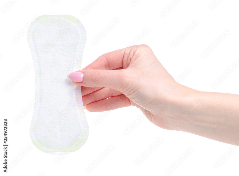 Sanitary pad daily panty liner in hand on white background isolation Sanitary pad daily panty liner in hand on white background isolation
