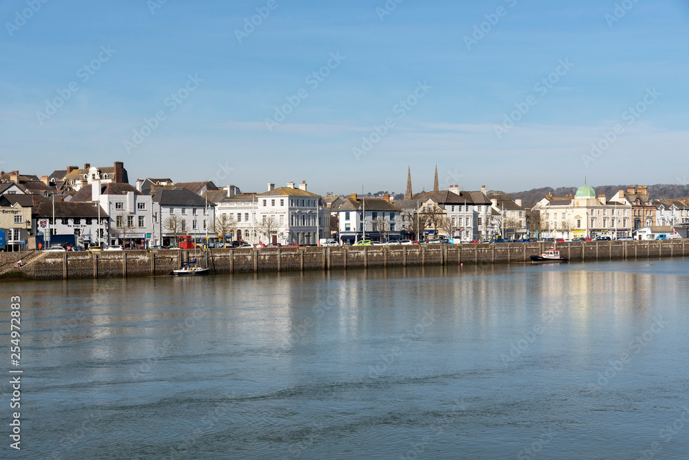 Bideford, North Devon, England, UK. March 2019. The River Kerridge and the riverfrontage of Bideford a small market town.