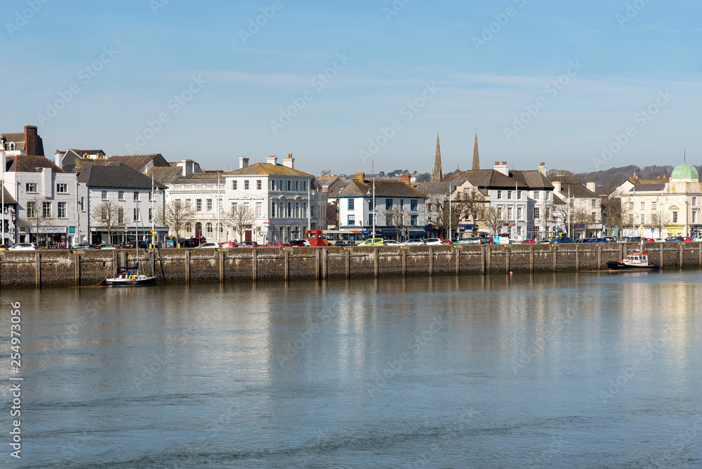 Bideford, North Devon, England, UK. March 2019. The River Kerridge and the riverfrontage of Bideford a small market town.
