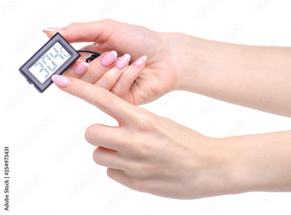 Fototapeta premium Temperature sensor display in hand on a white background insulation