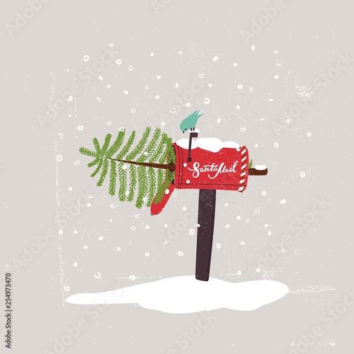 Comic Christmas Illustration. The Christmas tree in the Mailbox and the Bird. Vector Poster or Delivery Service.