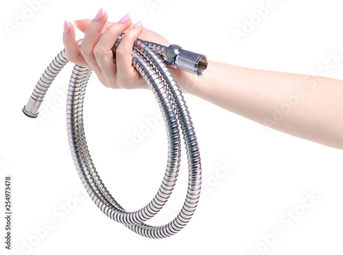 Shower hose silver in hand on a white background isolation