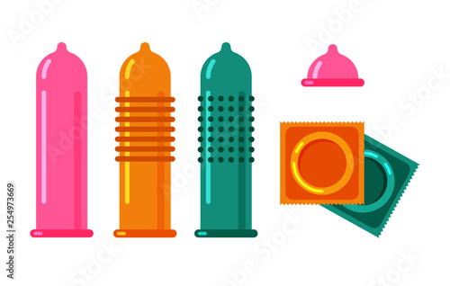 Vector condom and packages icon. Contraception concept. Different forms and types of condoms isolated on white background. 
