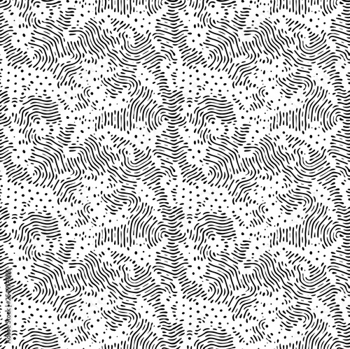 Diffusion reaction vector seamless pattern. Black and white organic shapes, lines pattern. Abstract Background illustration