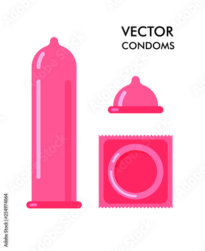 Vector condom and packages icon. Contraception concept. Sealed and open condoms isolated on white background. 