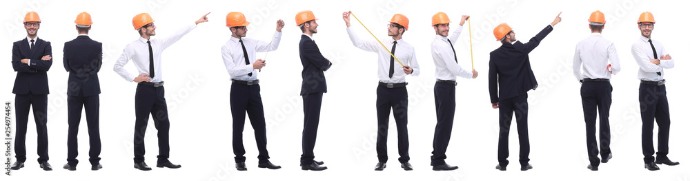 panoramic photo collage of confident architect isolated on white panoramic photo collage of confident architect isolated on white