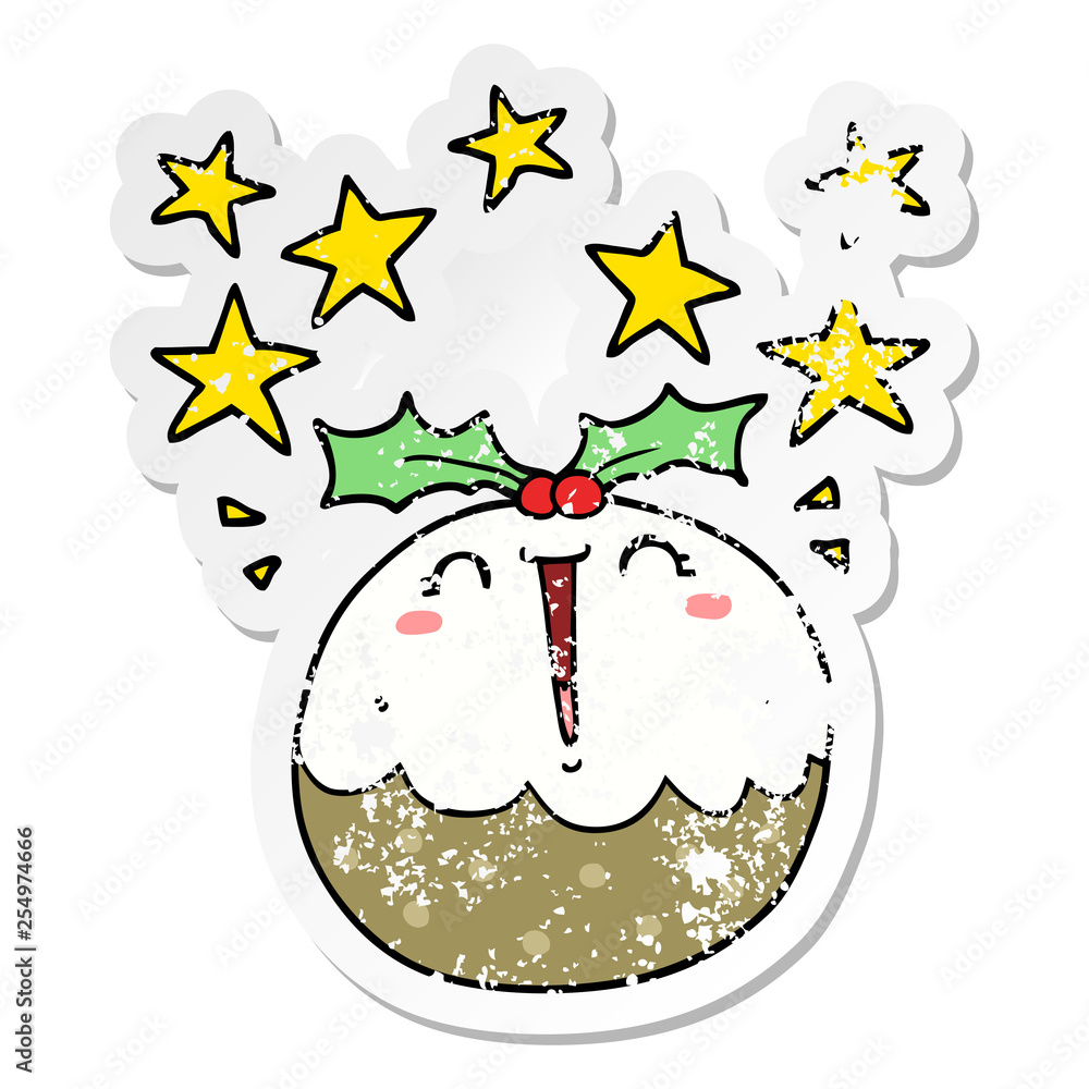 distressed sticker of a cute cartoon happy christmas pudding distressed sticker of a cute cartoon happy christmas pudding