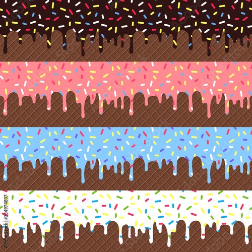 Vector Set of Flowing Glaze with Colorful Sprinkles on Chocolate Wafer Background. Seamless Borders Design.