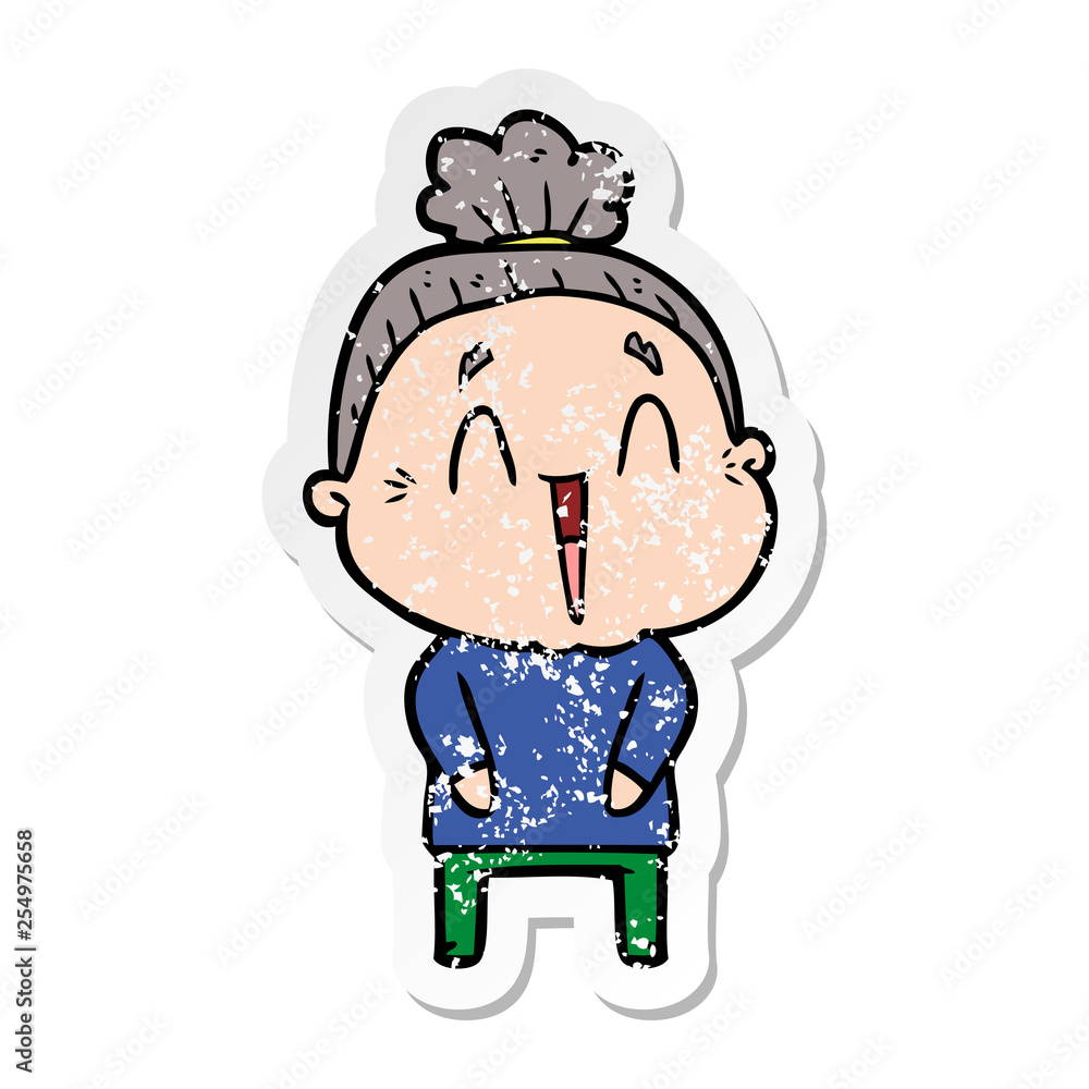 distressed sticker of a cartoon happy old lady distressed sticker of a cartoon happy old lady
