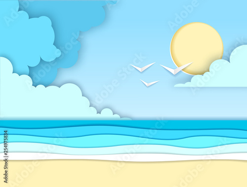 Sea or ocean landscape, sea beach cut out paper art style design