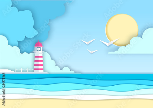 Sea or ocean landscape, sea beach with lighthouse cut out paper art style design