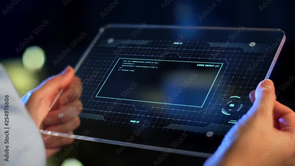 technology, virtual effects and programming concept - hands holding transparent tablet pc computer with coding and numerals counting on screen