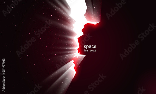 Light and stars in space from cracks in wall. Dark broken wall glow portal into space universe. Dark background with crack continuum for impressive design. Vector illustration, place for text