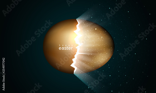 Broken golden easter egg giving birth to the universe. Rays of light and stars from cracks in an easter egg of gold on a dark background. Vector, creative greeting card design