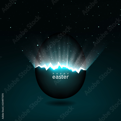 Broken easter egg giving birth to the universe. Rays of light and space with stars from cracks in an easter egg on a dark background. Vector, space for text, creative greeting card design